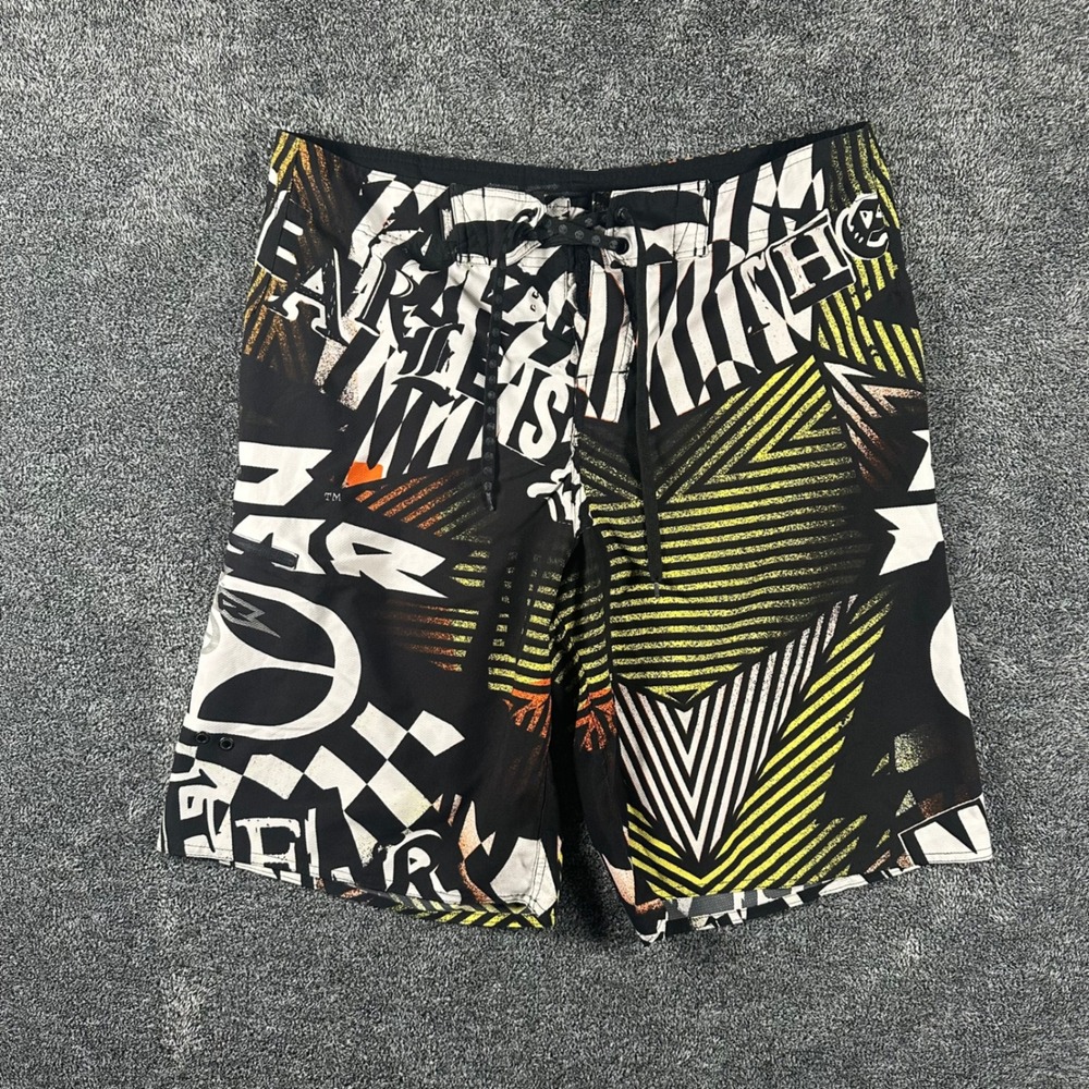 No Fear Board Shorts Mens 34 X-Stretch Black White Yellow Graphic Surf Swim